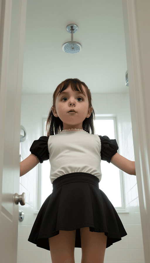 AI generated: little girl bathroom The camera shot from below. minidress open legs she lifted her skirt