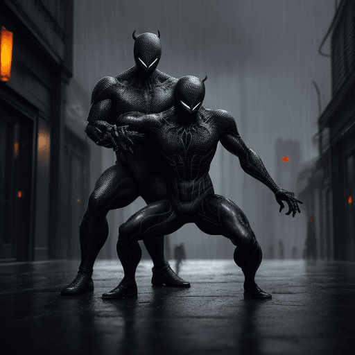AI generated: Two man someone tall other medium size friends with symbiote they're open face , friends posing, dar...