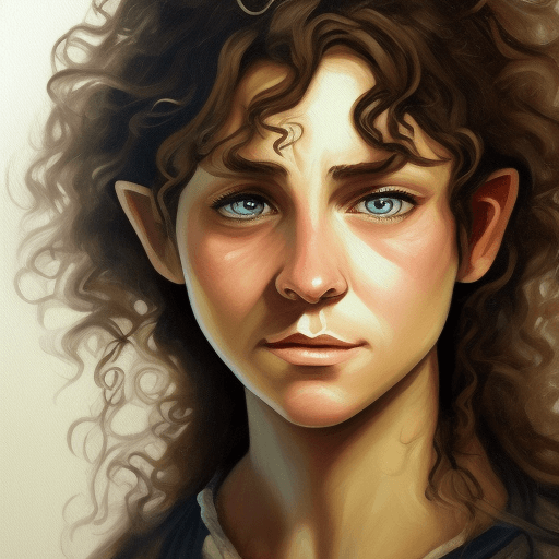 AI generated: female hobbit art character with curly brown messy hair, a detailed painting, medium shot, serious f...