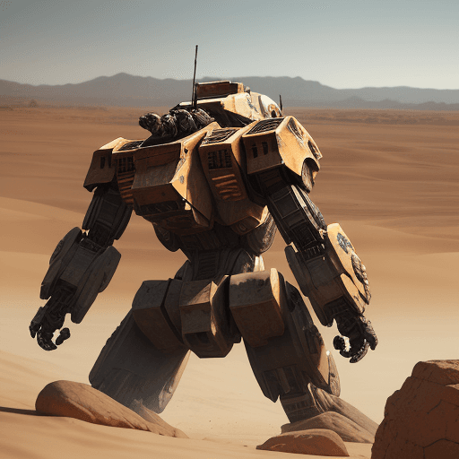 AI generated: mechwarrior with 
back knee and include driver ,same t-rex ,in desert with rocks and stones,machineg...