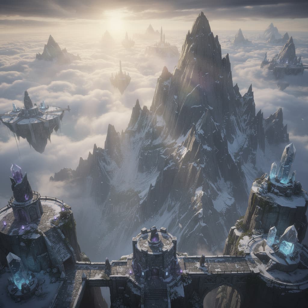 AI generated: genera una imagen de una montaña estilo fantasía como en un videojuego y que la cámara sea desde la ...
