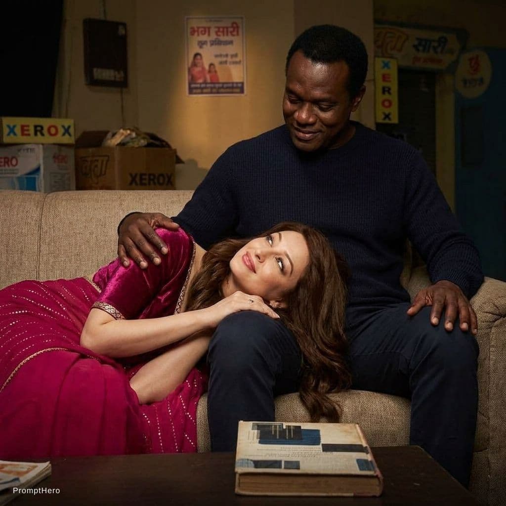AI generated: posing with her head in a black man’s lap