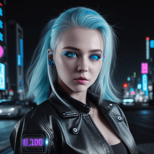 AI generated: Hyper realistic, A lady with a cute face, and sleepy beautiful blue eyes, wearing a black jacket, br...
