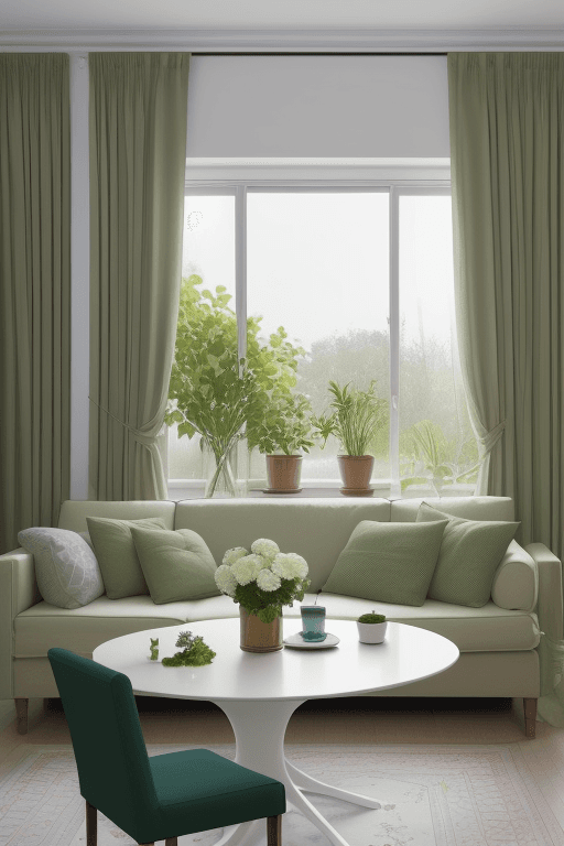AI generated: A peaceful and clean home environment, with a dining table as a close-up view and a sofa and curtain...