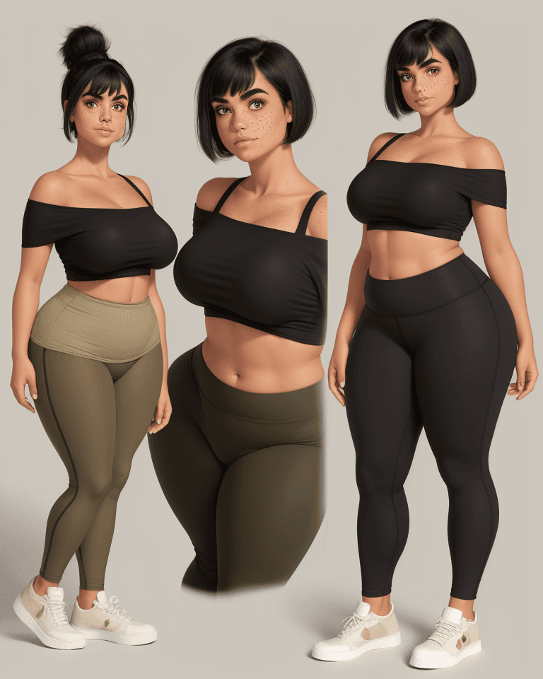 AI generated: Extremely curvaceous, full-busted, tan, thick eyebrows, freckles, short black hair with very long ba...