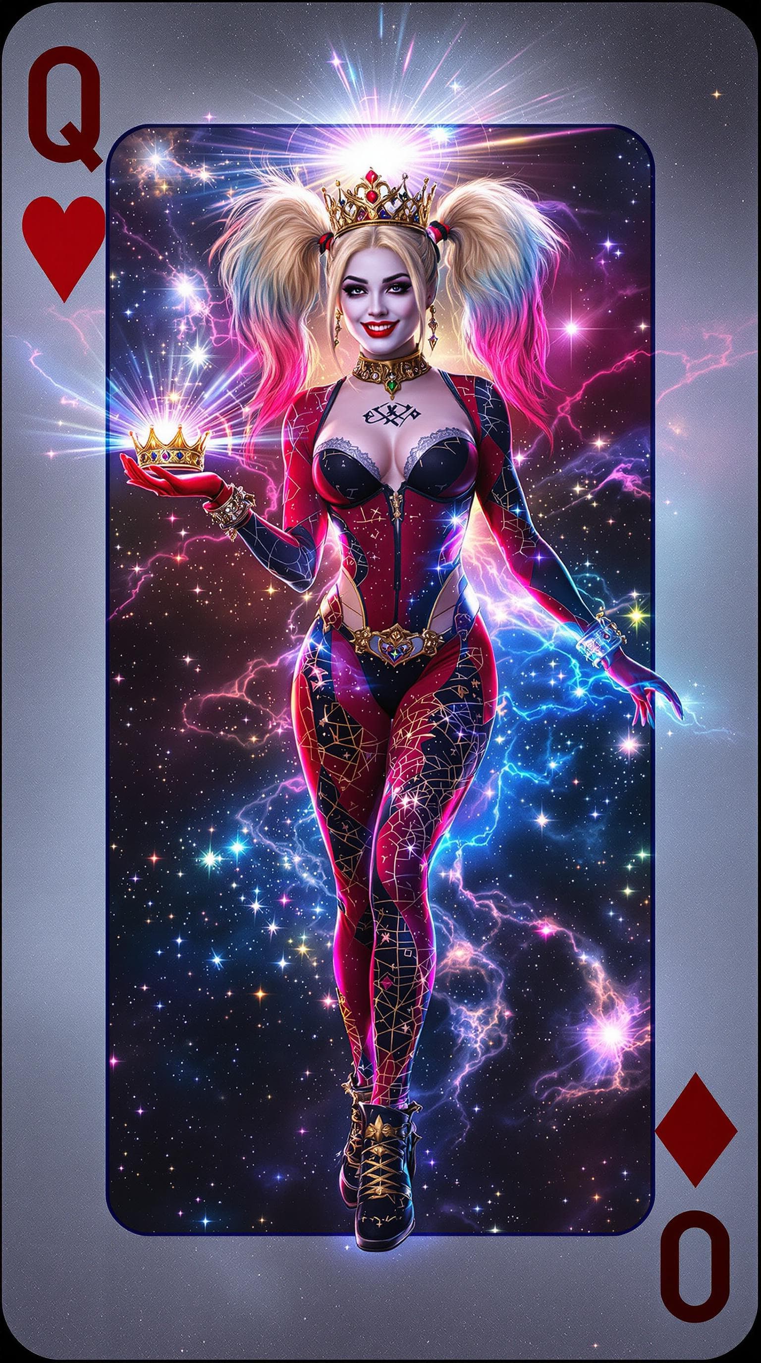 AI generated: The Queen of Hearts card transforms into a 3D hologram composed of cosmic energy, revealing Harley Q...