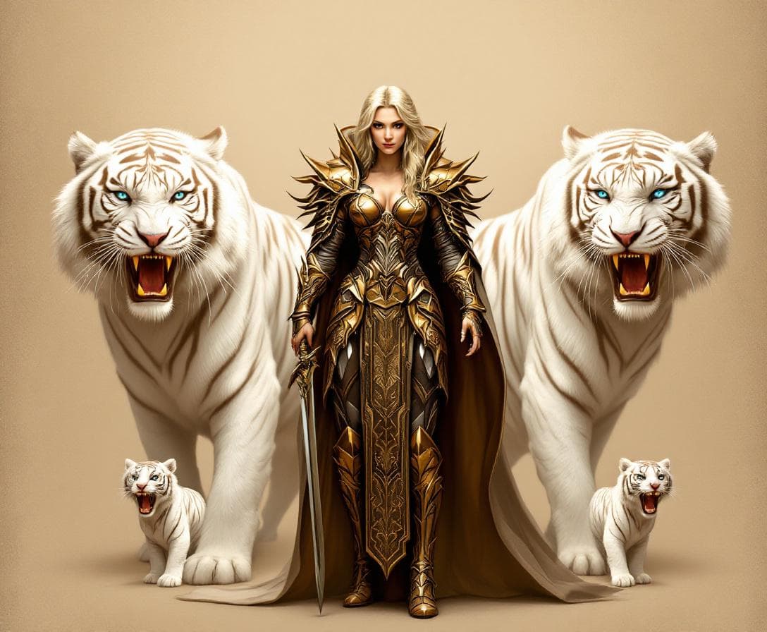 AI generated: Image is a fantasy digital artwork featuring a central female warrior figure flanked by two large, f...