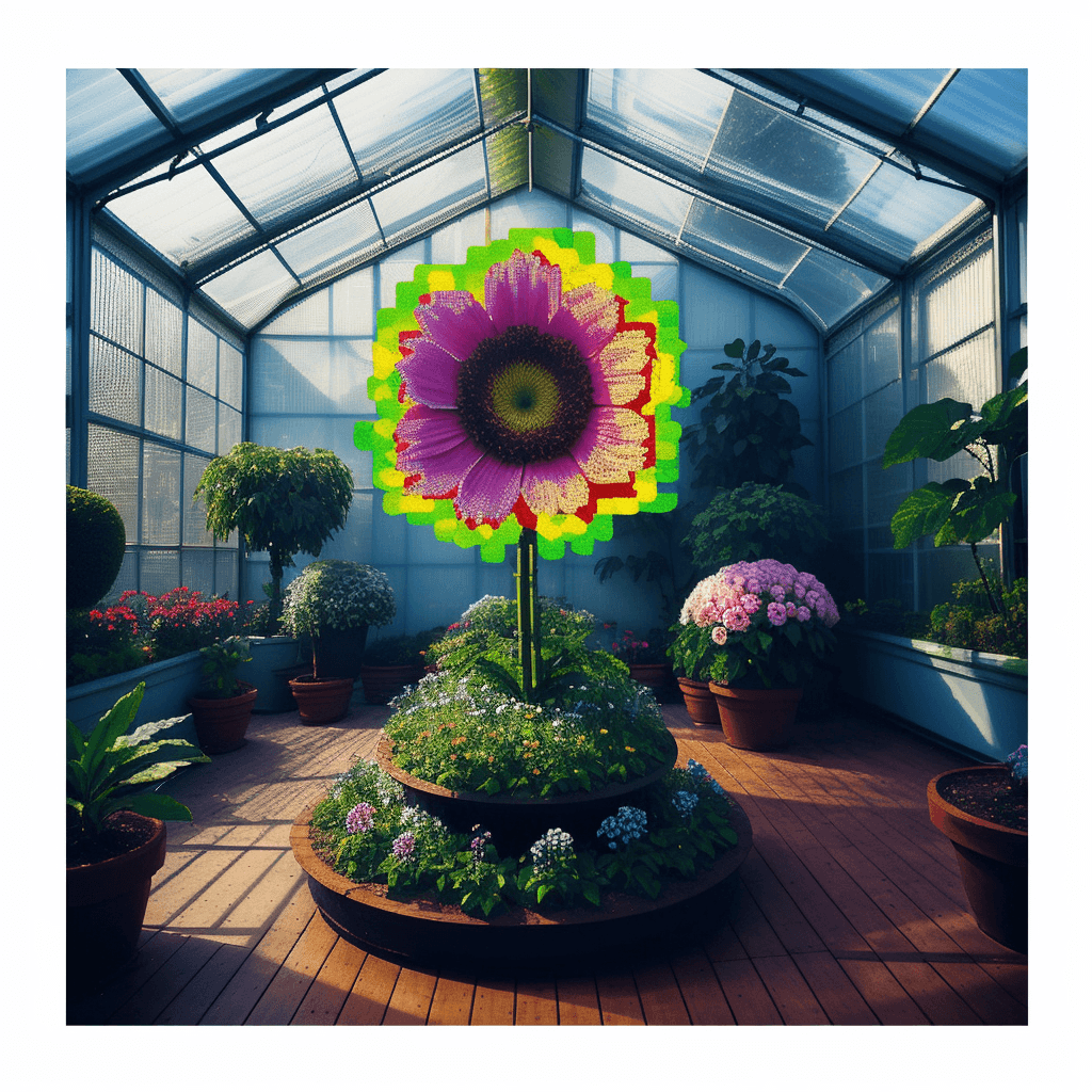 AI generated: by_Paul_Robertson,a photo of abstract giant flower made of pixels burning graphic invaders, [indoors...
