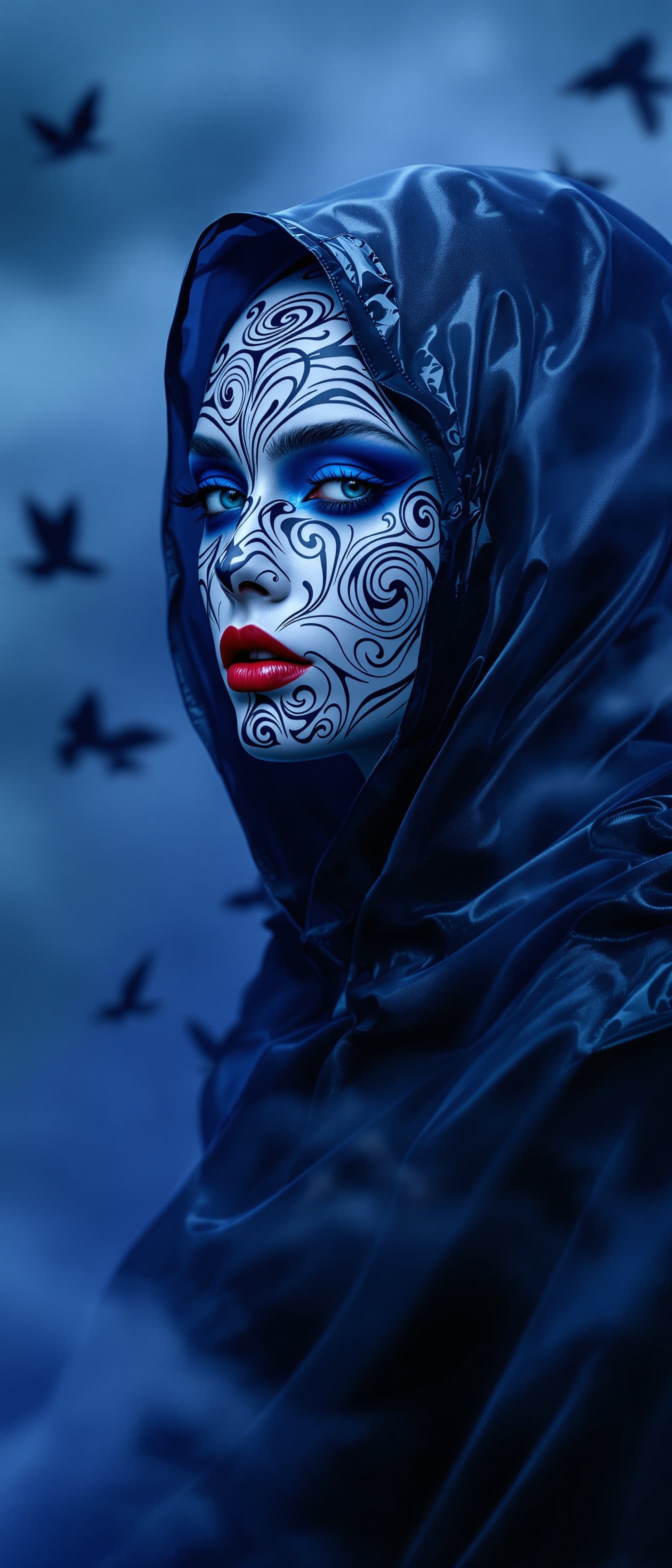 AI generated: "Fine art fashion photography. Full-hight vertical portrait, gorgeous lithe supermodel, swirling  in...