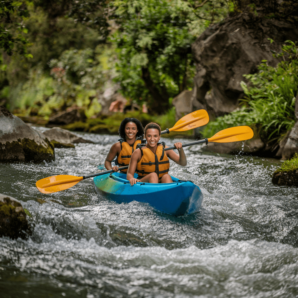 AI generated: two pertty African  female,Kayaking - Paddle through fast rushing stream  waters and hidden coves. t...