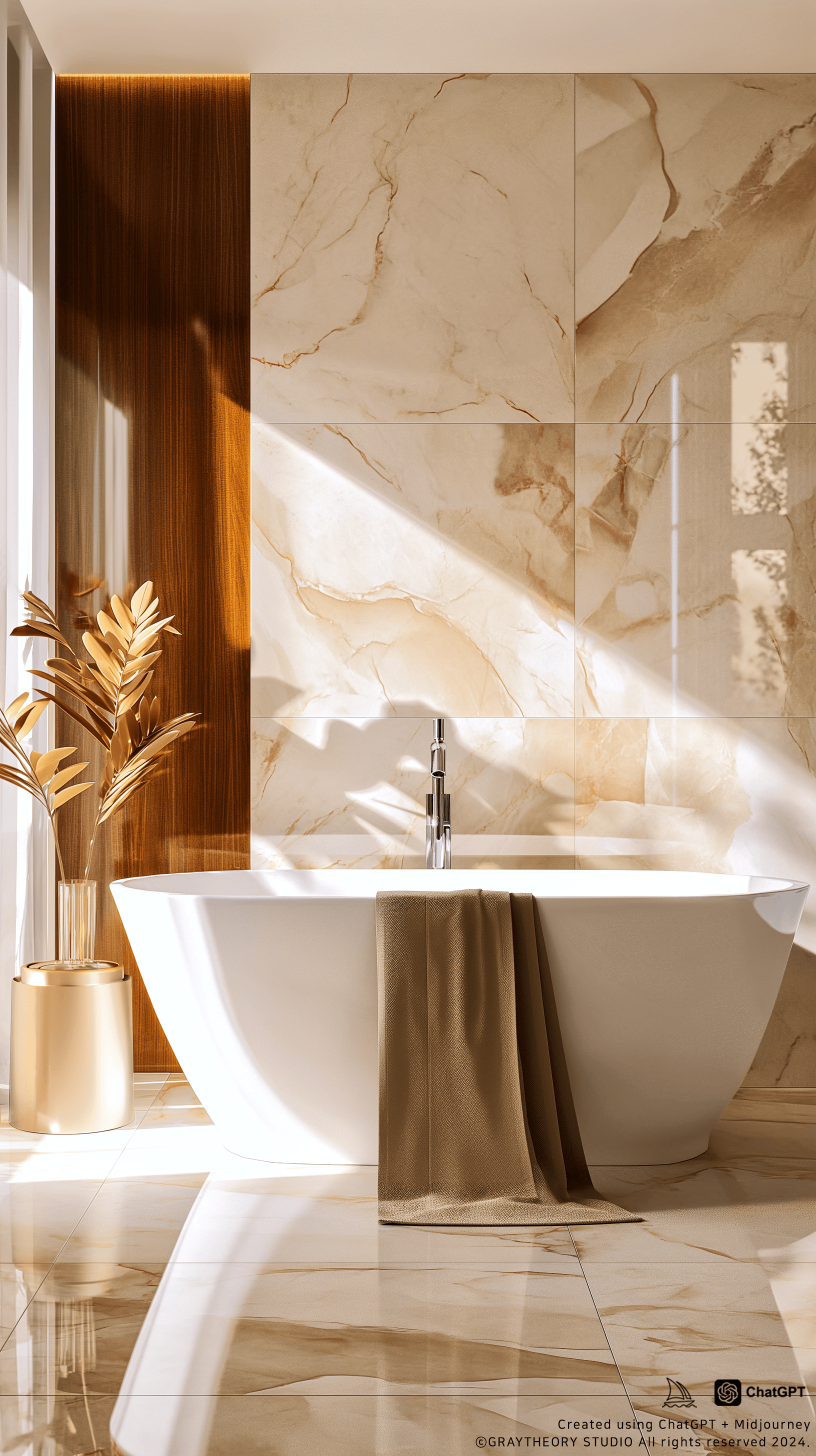 AI generated: Cinematic view of a modern chic bathroom, marble tiling and a freestanding tub, sleek fixtures, 8K -...