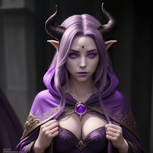 AI generated: A female tiefling sorceress with lilac skin and purple eyes, her hair has a purple streak as well. S...