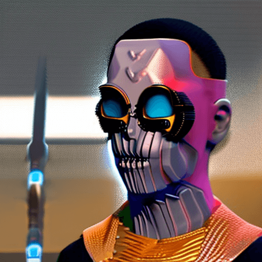 AI generated: crie um render 3d de um personagem cartom com mascara de assacino cyberpunk
