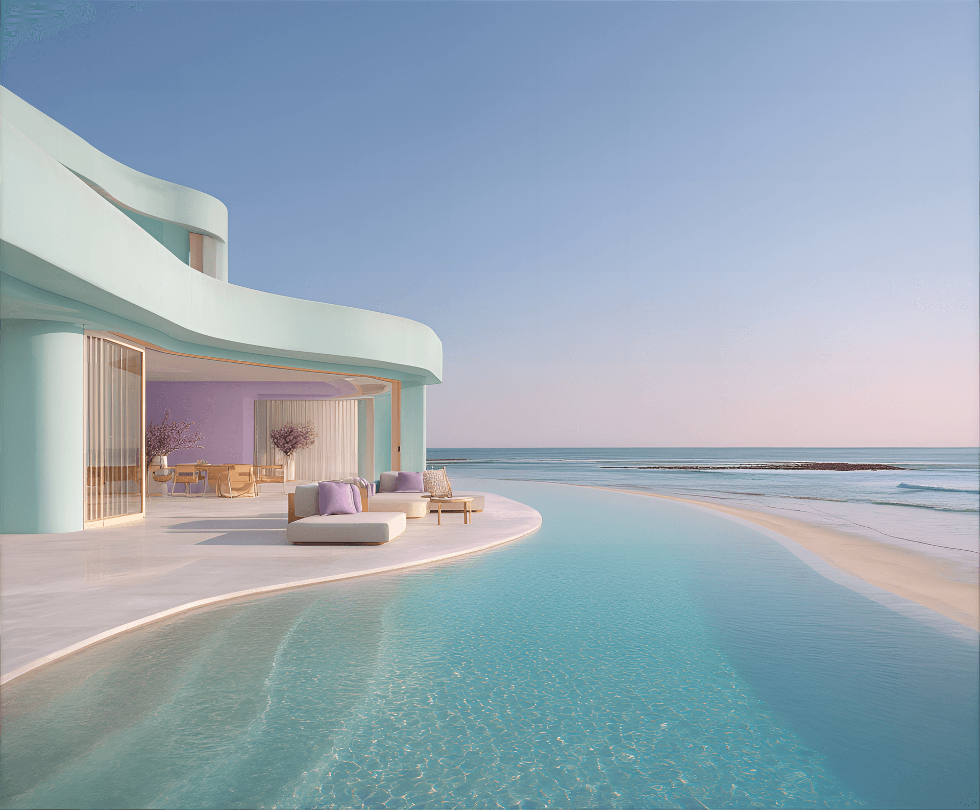 AI generated: dreamlike beachfront villa with a pastel turquoise exterior, wave-inspired architecture, and a
seam...