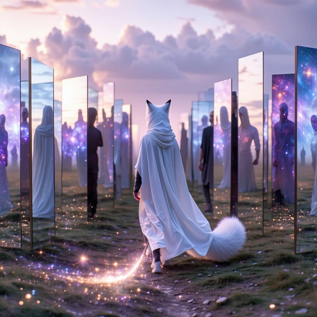 AI generated: A fox-human hybrid in a flowing white cloak wanders a field of levitating mirrors, each showing a di...