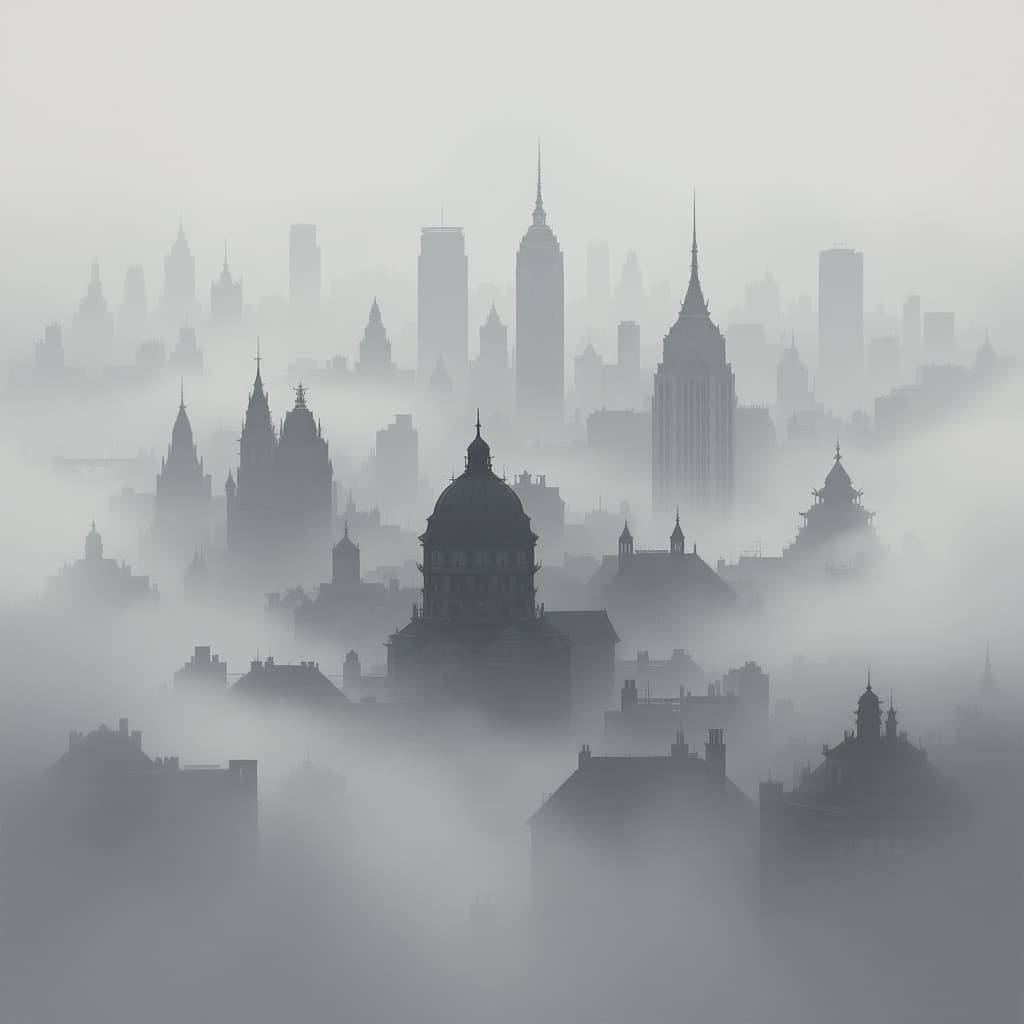 AI generated: illustration, atmospheric image of a cityscape enveloped in fog, the city varied architecture, inclu...