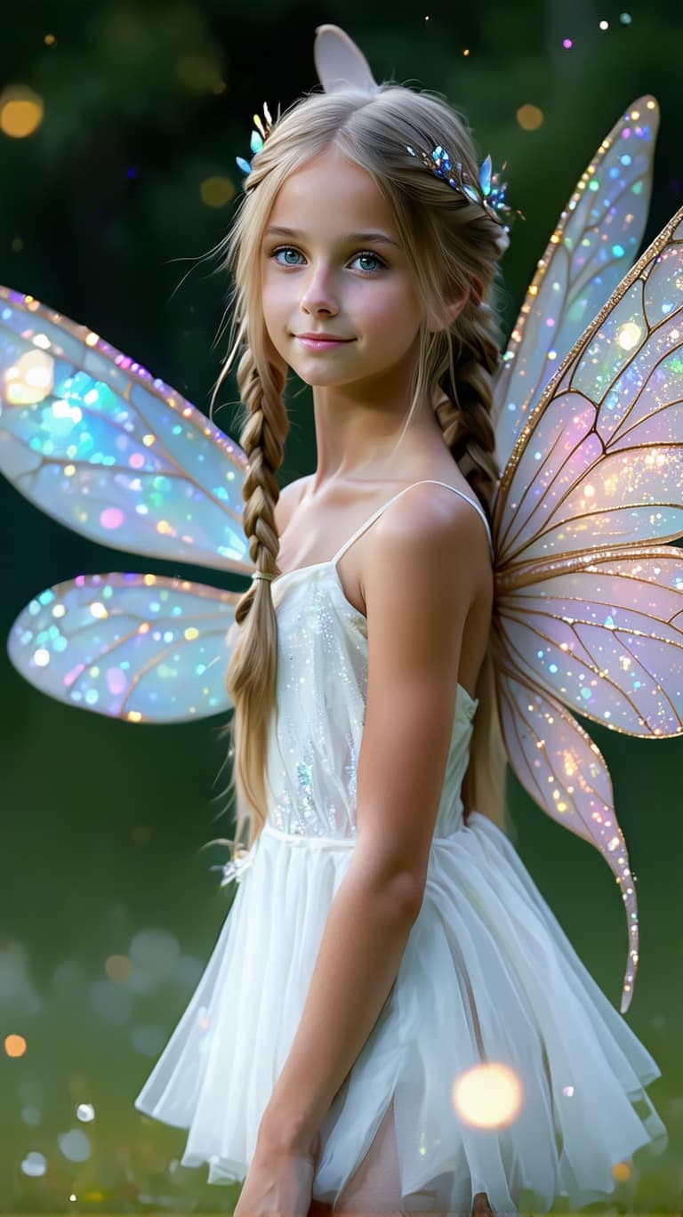 AI generated: A professional photo of a realistic of a Fairy 18 year old in white with shimmering dragonfly wings,...