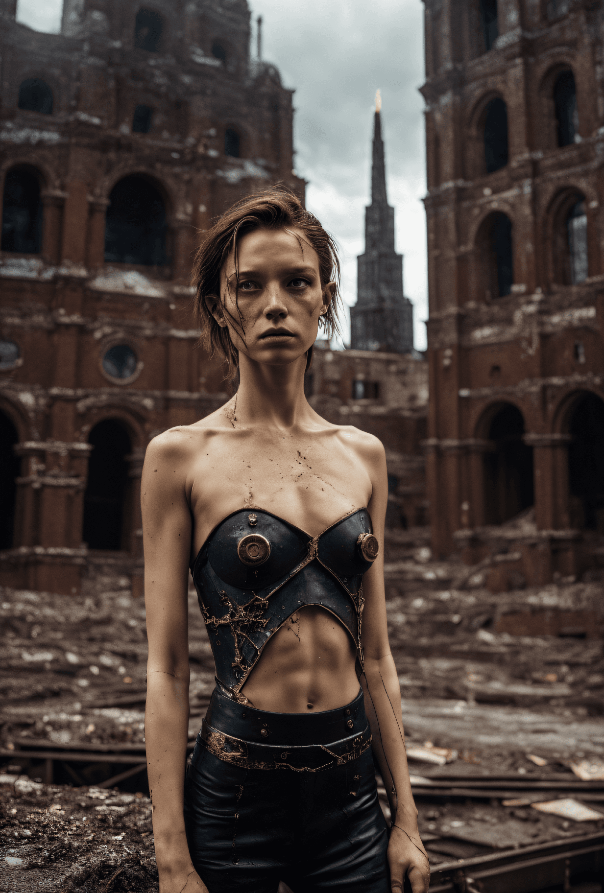 AI generated: dystopian style photograph, behance, High exposure of a (young woman, very thin, small breasts, abs,...