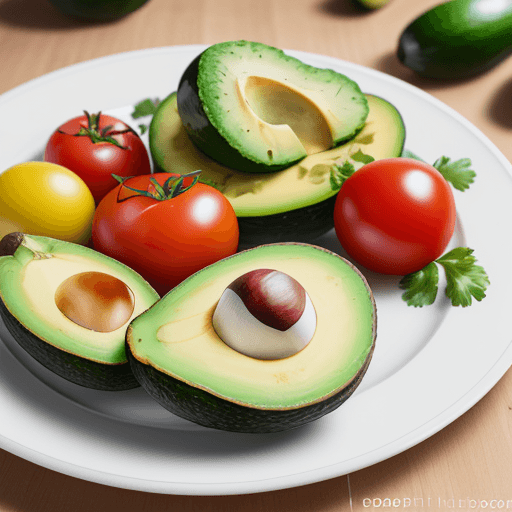AI generated: very healthy food plate with avocados, tomatoes, zucchini, 8K, food photography, studio lighting, sh...