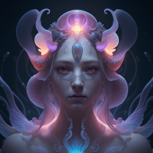 AI generated: Goddess close-up portrait ribcagel. jellyfish phoenix head, nautilus, orchid, skull, betta fish, bio...