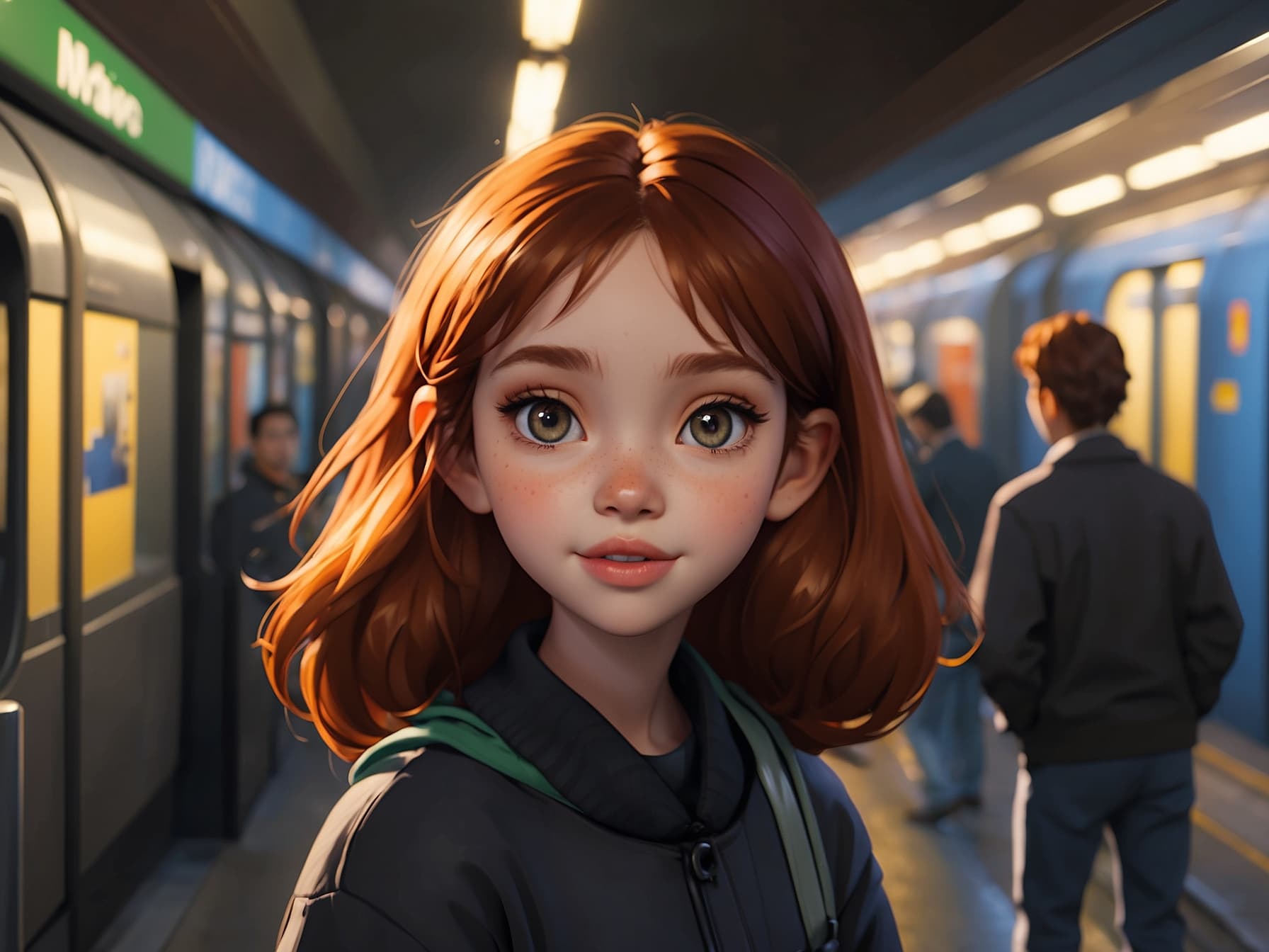 AI generated: a girl with red hair standing in a subway station, a detailed painting by WLOP, featured on cgsociet...