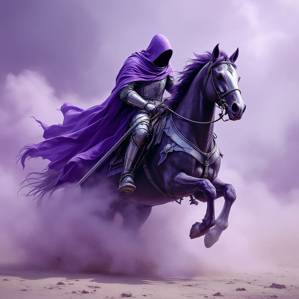 AI generated: Purple and white art of a hooded knight riding his horse in full gallop, smoke around him, detailed,...