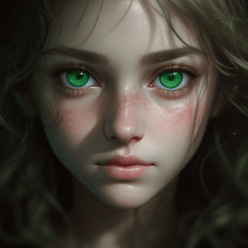 AI generated: dark close-up portrait of a beautiful girl's face, soft lighting, beautiful green eyes, tight eyes, ...