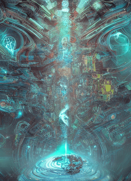 AI generated: a machine god in the machine universe encounters a living being organic cosmos inside an asymmetric ...