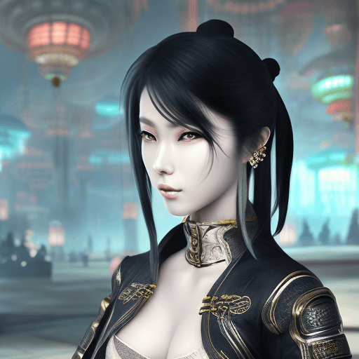 AI generated: a Chinese style beauty from the game 'Blades and Souls' with black hair, long ponytail, wearing a cy...