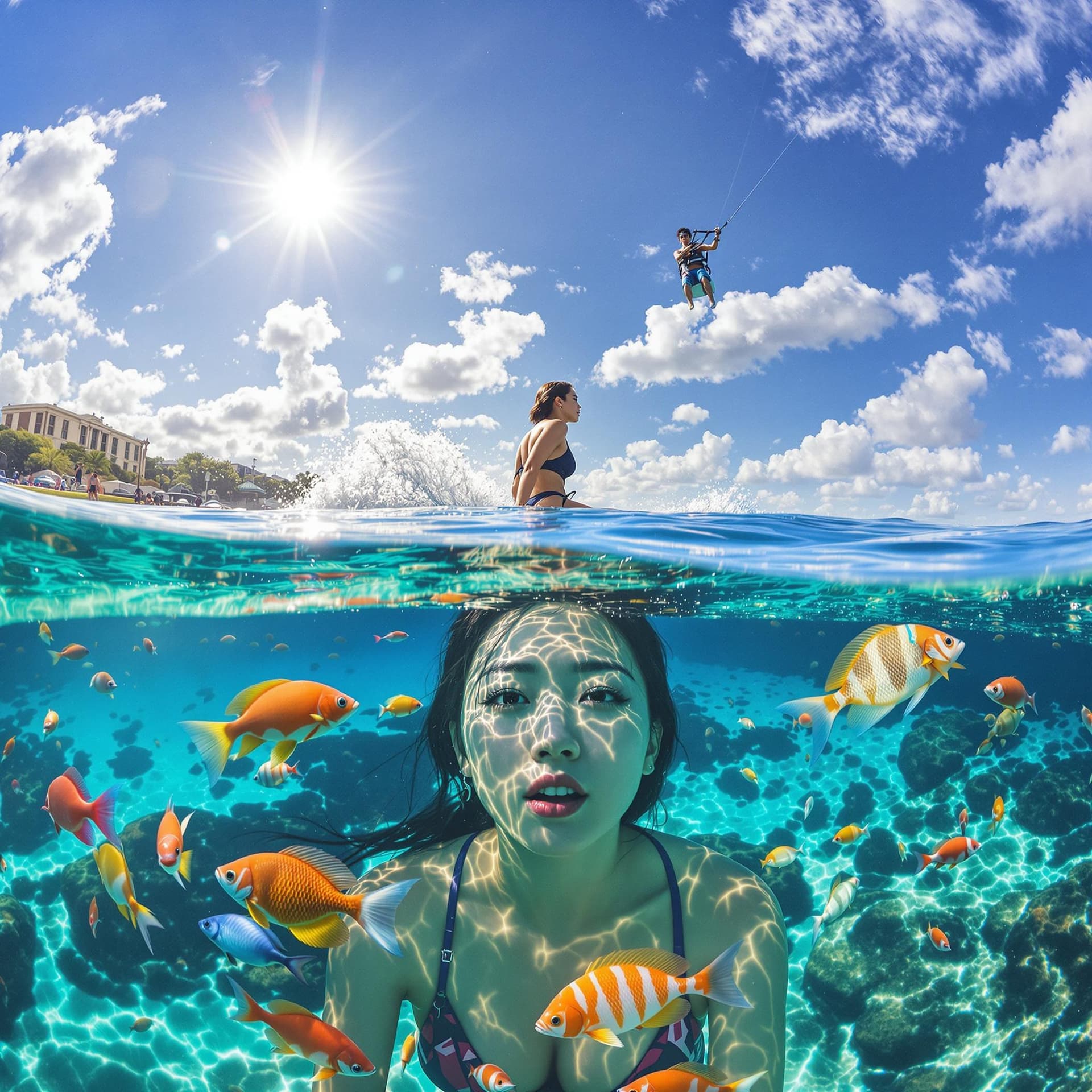 AI generated: Korean Frau,

• Unterwasserwelt mit Korallen und Sonne strahlt goldig: Eine Ansicht, die sowohl die ...
