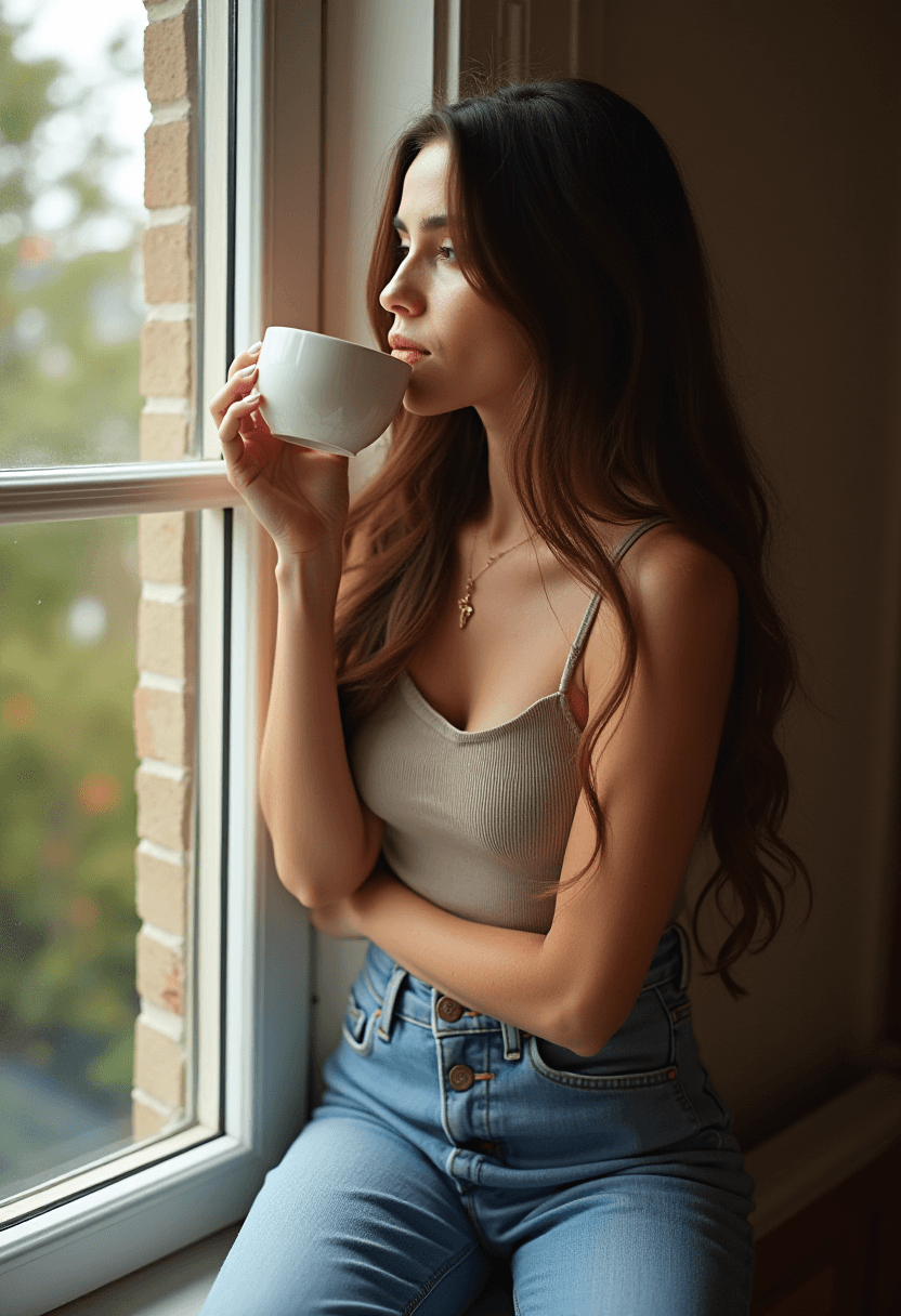 AI generated: 3/4 shot, photograph of, a woman with long brunette hair sitting on a windowsill drinking a cup of c...