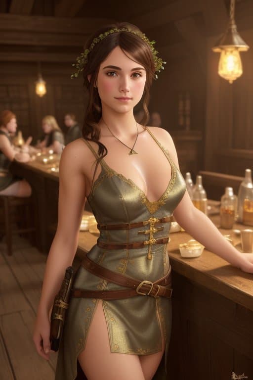 AI generated: beautiful young girl in a tavern, medieval innkeeper girl, simple innkeeper clothes, medieval clothe...