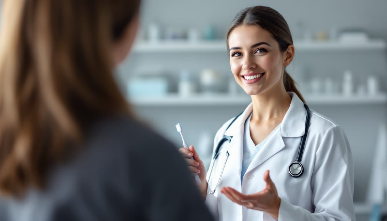 AI generated: Realistic photo of a female doctor (35-45 years old) in a white coat, standing in a bright modern cl...