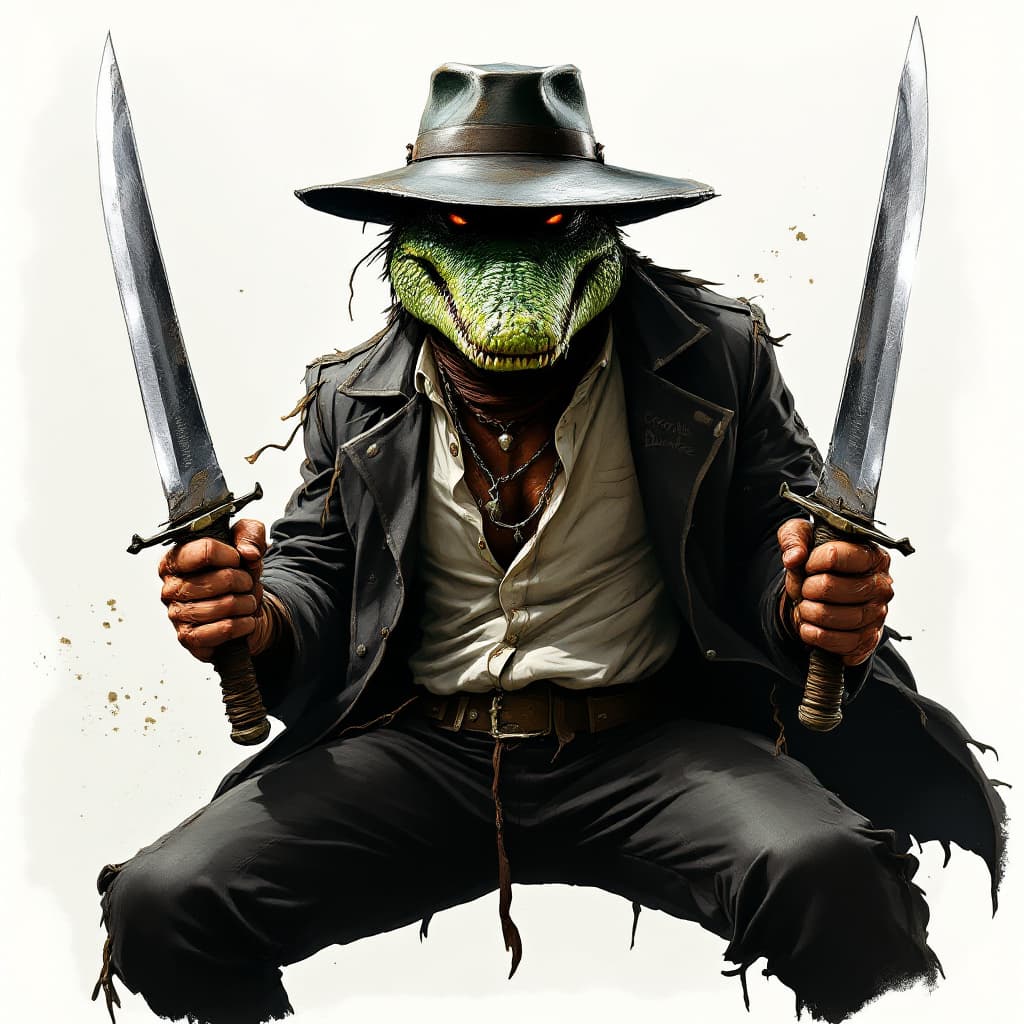AI generated: crocodile dundee, fighter with metal hat,dual machetes, "CrocodileDundee" writen on suite