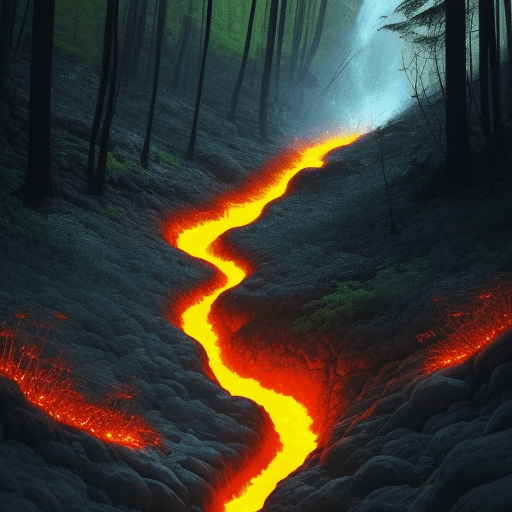 AI generated: a flow of lava pouring downhill through a forrest burning everything in its path water pouring down ...