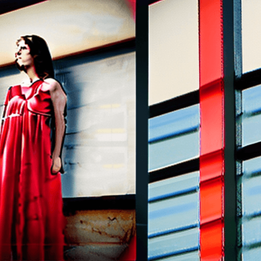 AI generated: Hyper realistic eye level exterior photo of a girl with a long red dress, daylight, indirect lightin...
