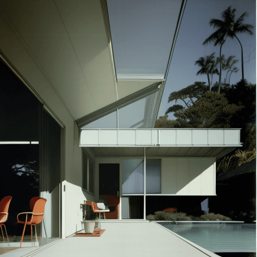 AI generated: Hyper realistic eye level exterior photo of a mid century modern style house overlooking the ocean, ...