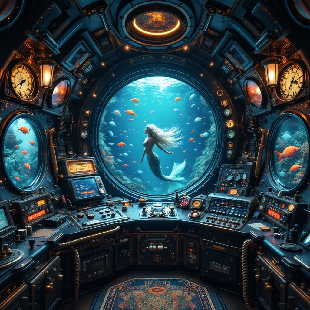AI generated: A lavishly detailed, photorealistic fantasy steampunk submarine cabin, with a sprawling, ornate cont...