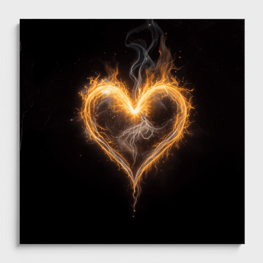 AI generated: a glowing heart made of light and flame floating in darkness, symbolizing love and passion, magical ...