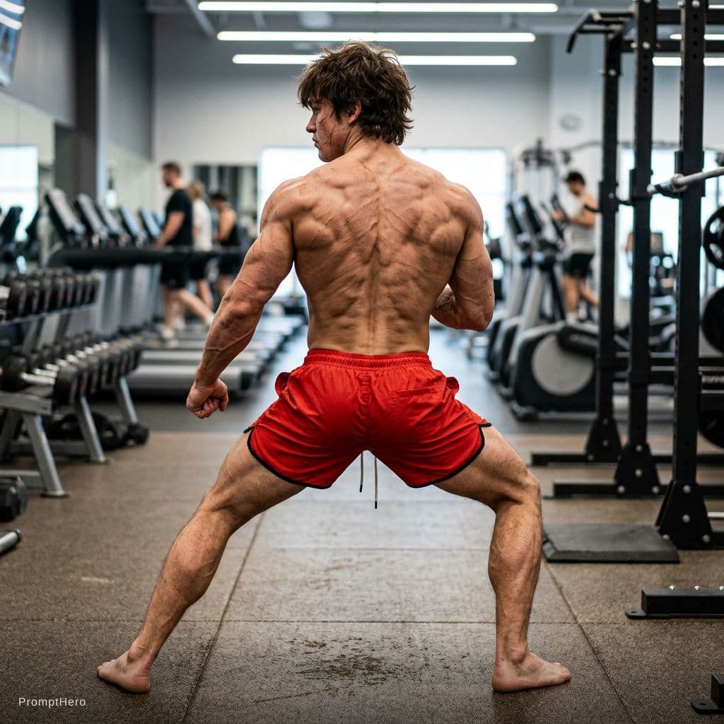 AI generated: baki hanma, backside view, A cinematic, photorealistic gym portrait of a shredded young man with mes...