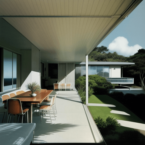 AI generated: Hyper realistic eye level exterior photo of a mid century modern style house overlooking the ocean, ...