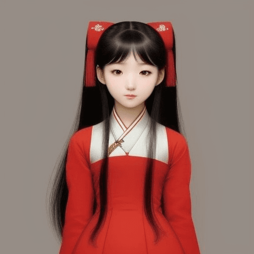 AI generated: cute korean girl, AD.1500, traditional red dress,long hair
background: 1950s korean street