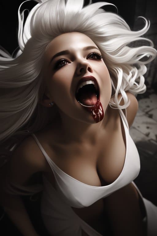 AI generated: extremely detailed CG unity 8k wallpaper portrait of a vampire woman biting the viewer in a victoria...