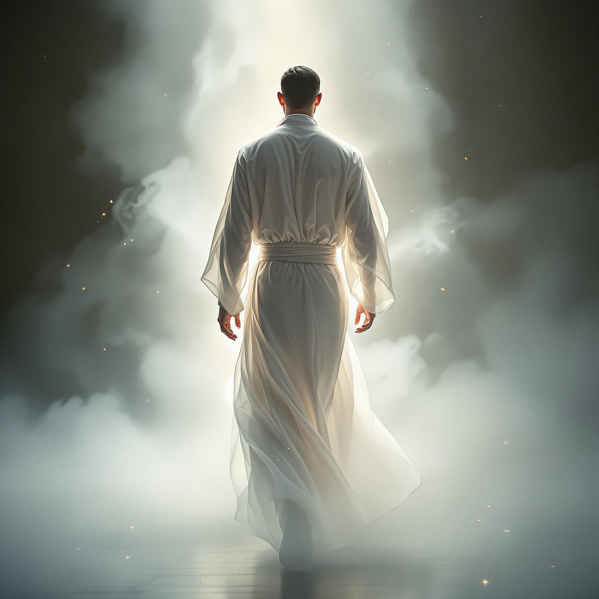 AI generated: A fine art, hyper-realistic, cinematic image of a man wearing a white long cotton robe with a sash, ...