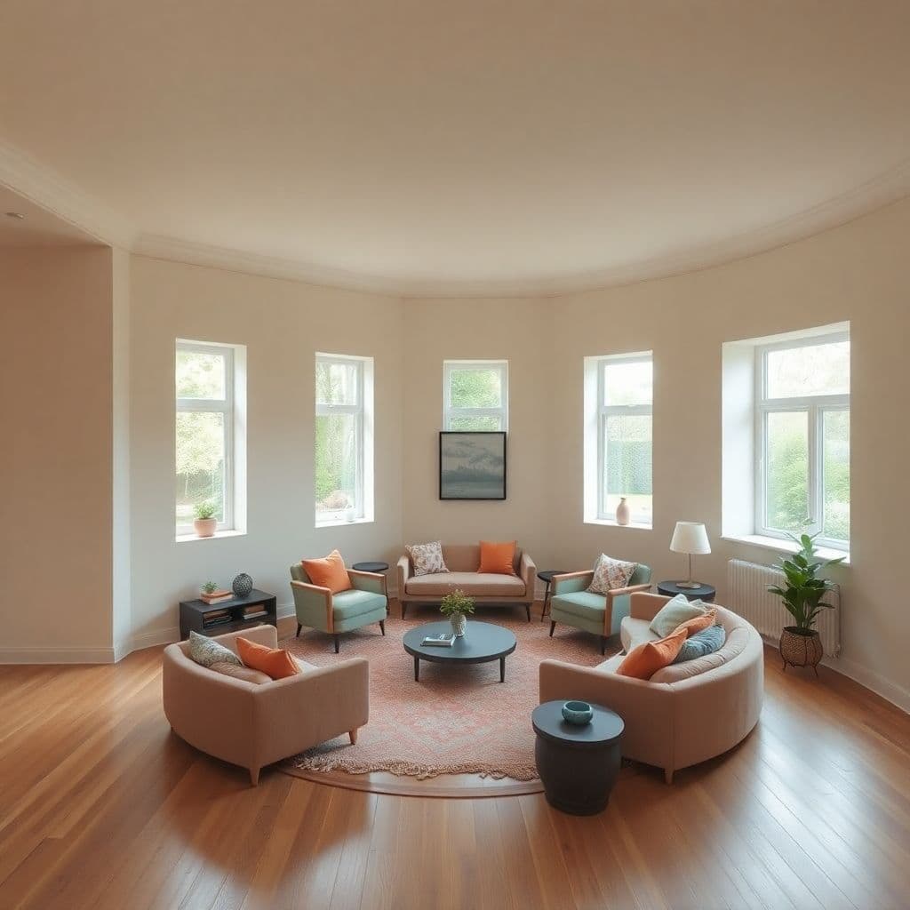 AI generated: High resolution photography interior design, dreamy sunken living room conversation pit, wooden floo...