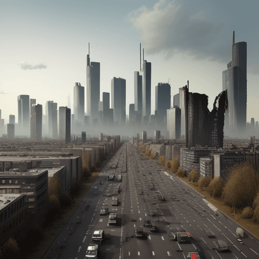 AI generated: Realistic image of Ruined post-apocalyptic Frankfurt city Skyline. Many traffic in the front. The bi...
