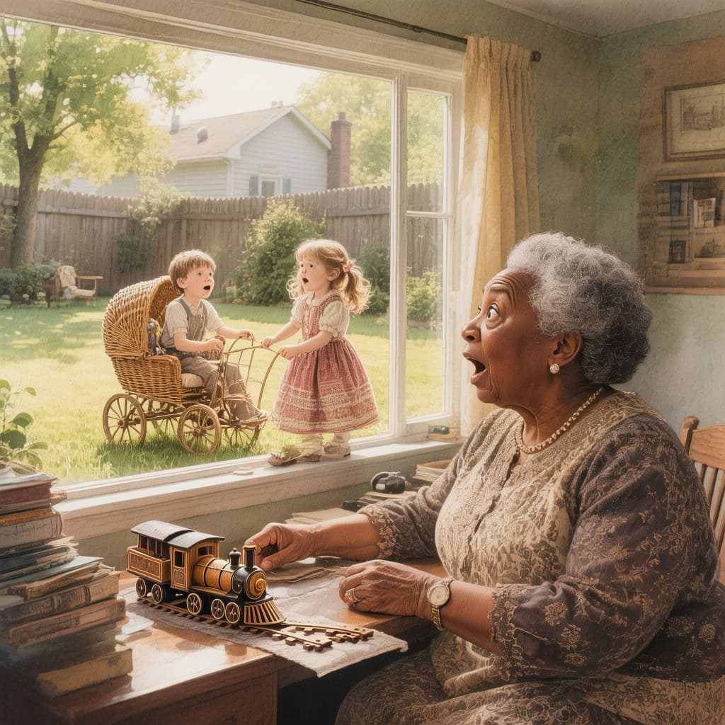 AI generated:  In the year 2026, a modern dark-brown-skinned grandma sitting at her computer desk, looks out her w...