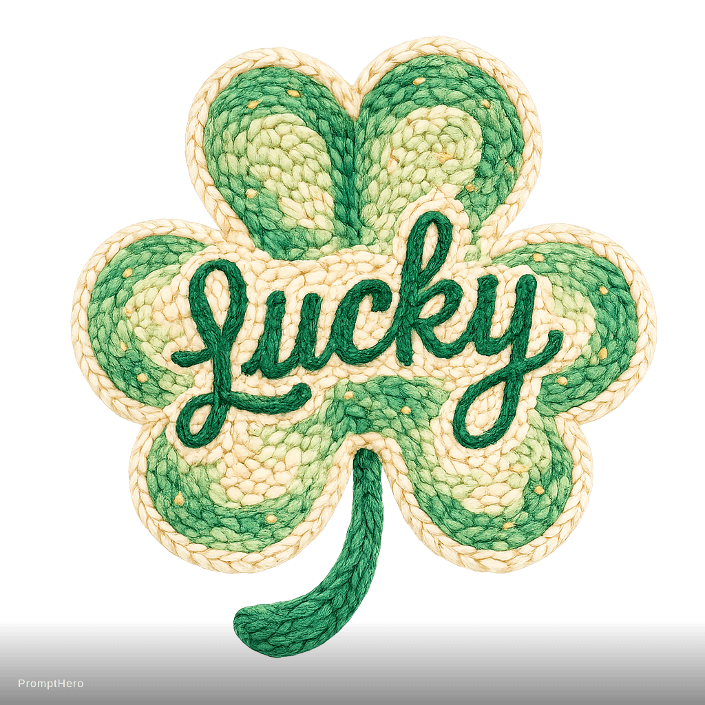 AI generated: handmade crochet four leaf clover patch, embroidered yarn texture, the word "Lucky" stitched across ...