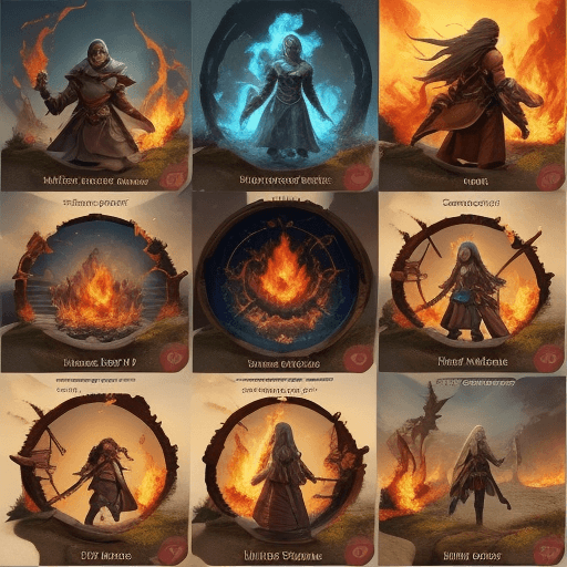 AI generated: create a fire pitch with characters of an RPG are make a plan for a journey, text on the botton that...