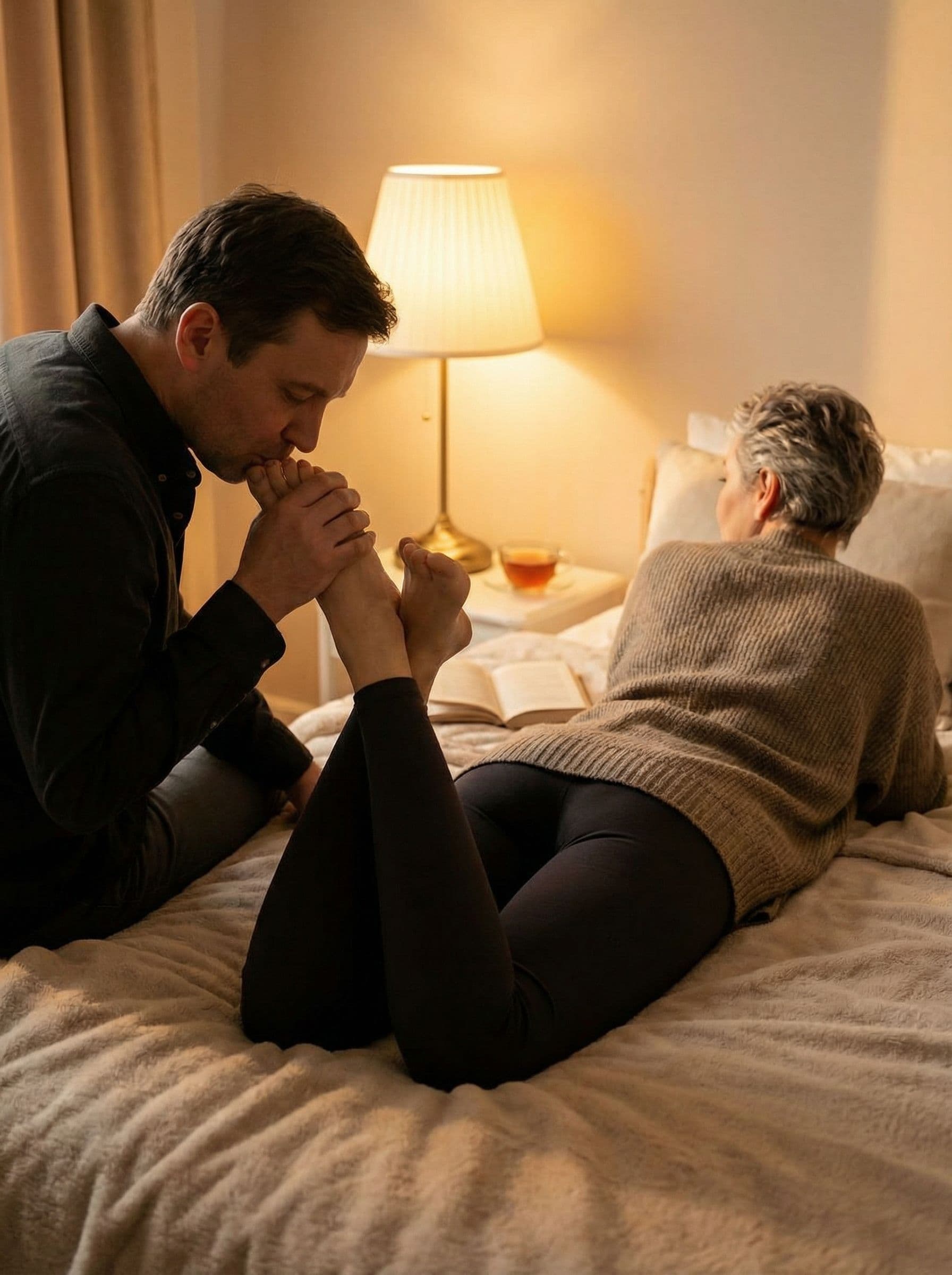 AI generated: A romantic, artistic scene of a couple — man gently kissing wife’s foot — in soft lighting, wife lay...